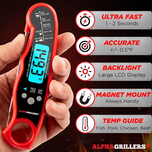 Alpha Grillers Digital Meat Thermometer - Instant Read Cooking Thermometer for Grilling & Baking - Perfect Gift for Dad