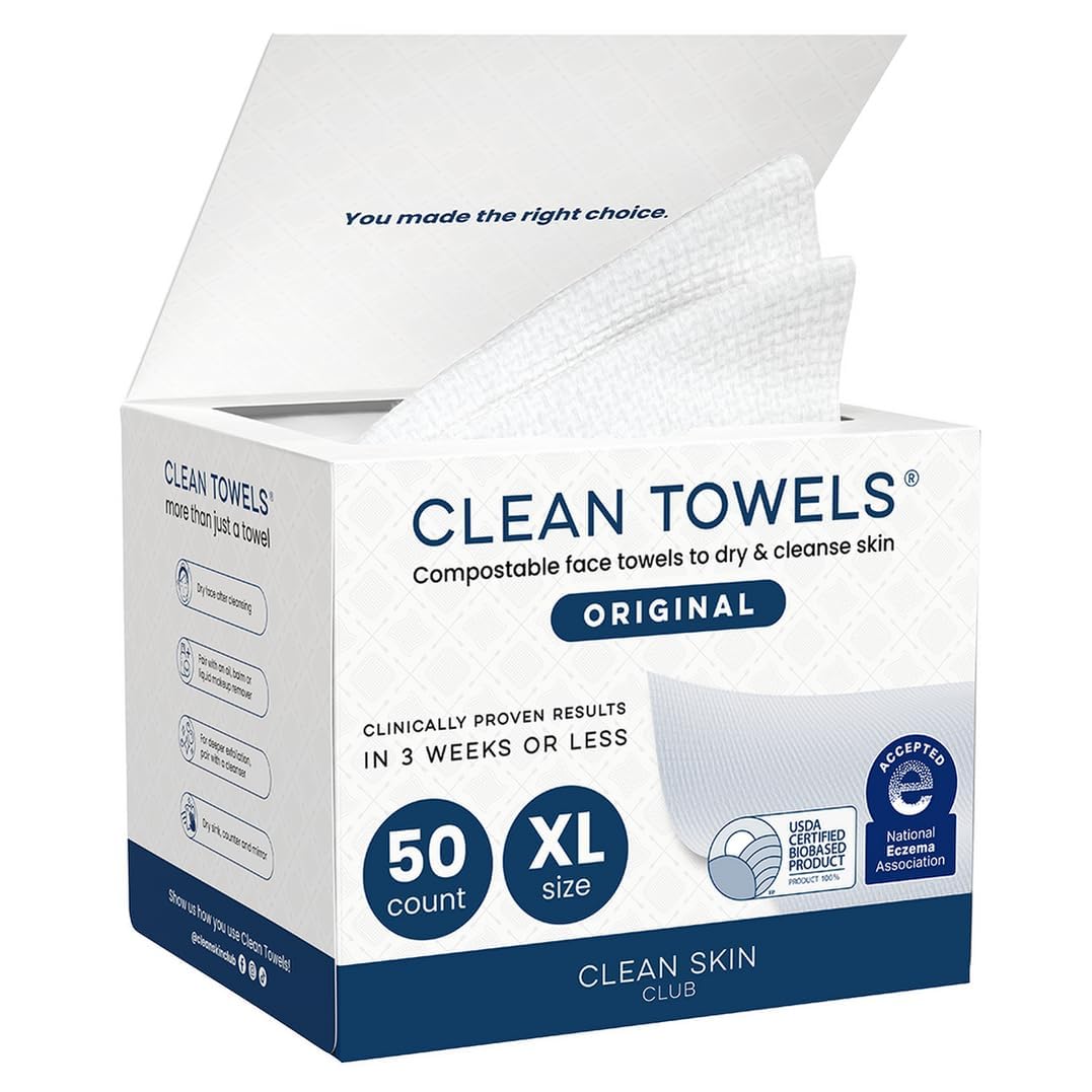 Clean Skin Club XL Biobased Disposable Face Towels, 100% USDA Certified, Dermatologist Approved for Sensitive Skin, 50 Count