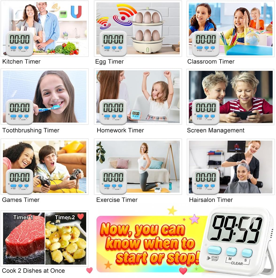 Antonki 2-Pack Digital Timer for Kids & Kitchen Cooking - Loud/Silent Countdown