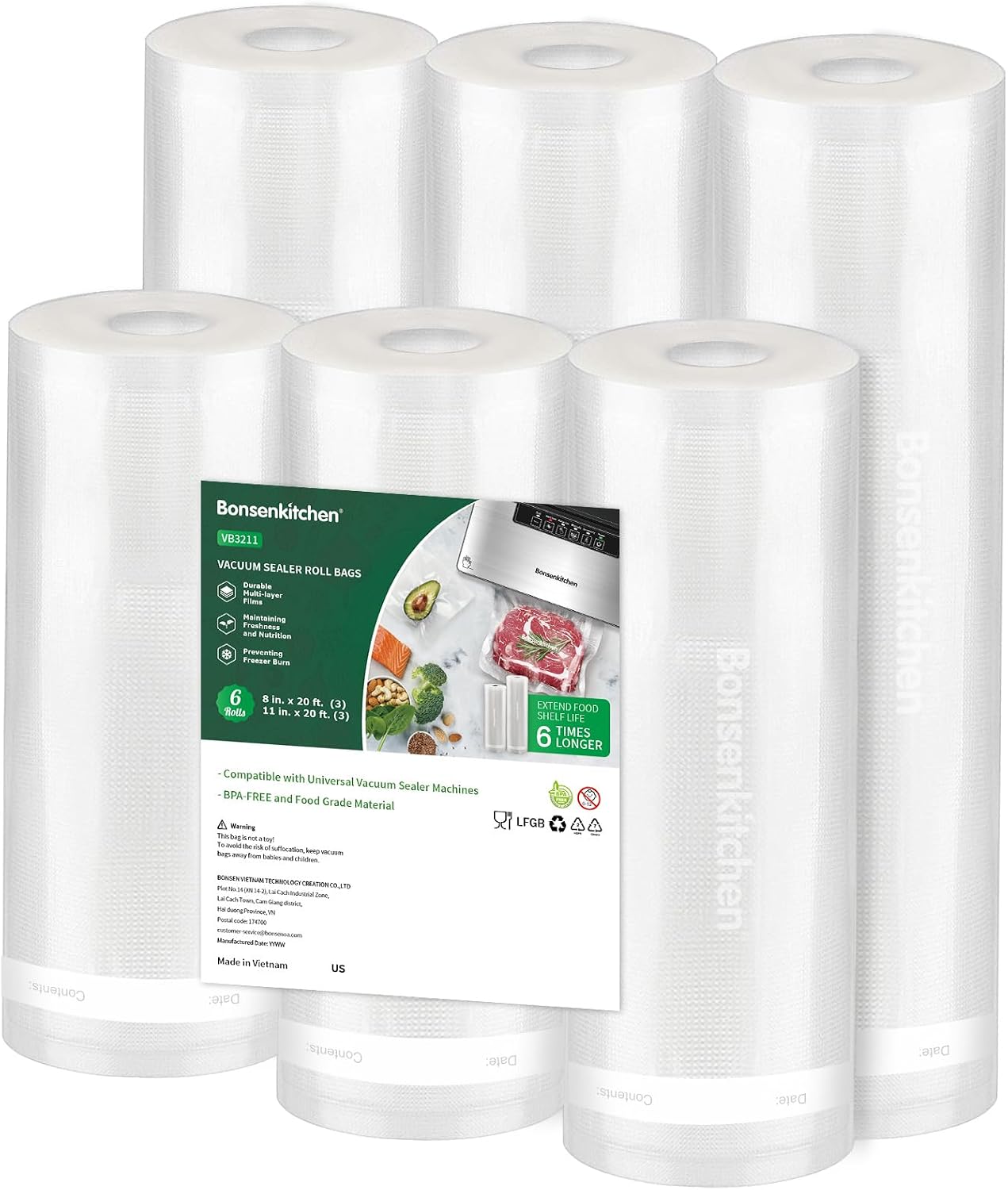Bonsenkitchen Commercial Grade Vacuum Sealer Bags - Food Storage & Sous Vide Rolls