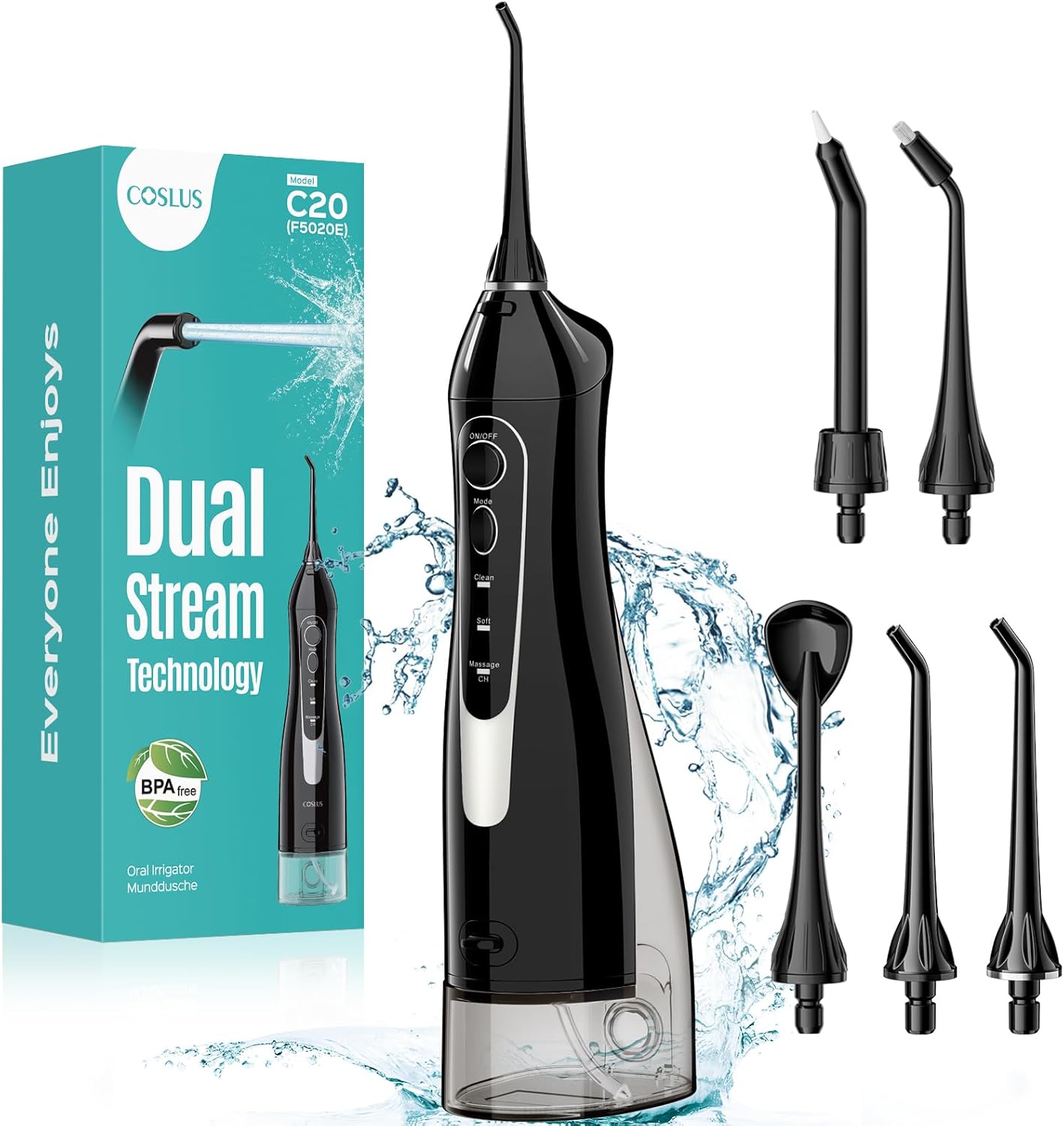 COSLUS C20 Cordless Water Flosser with 300ml Tank - ADA Accepted Portable Oral Irrigator