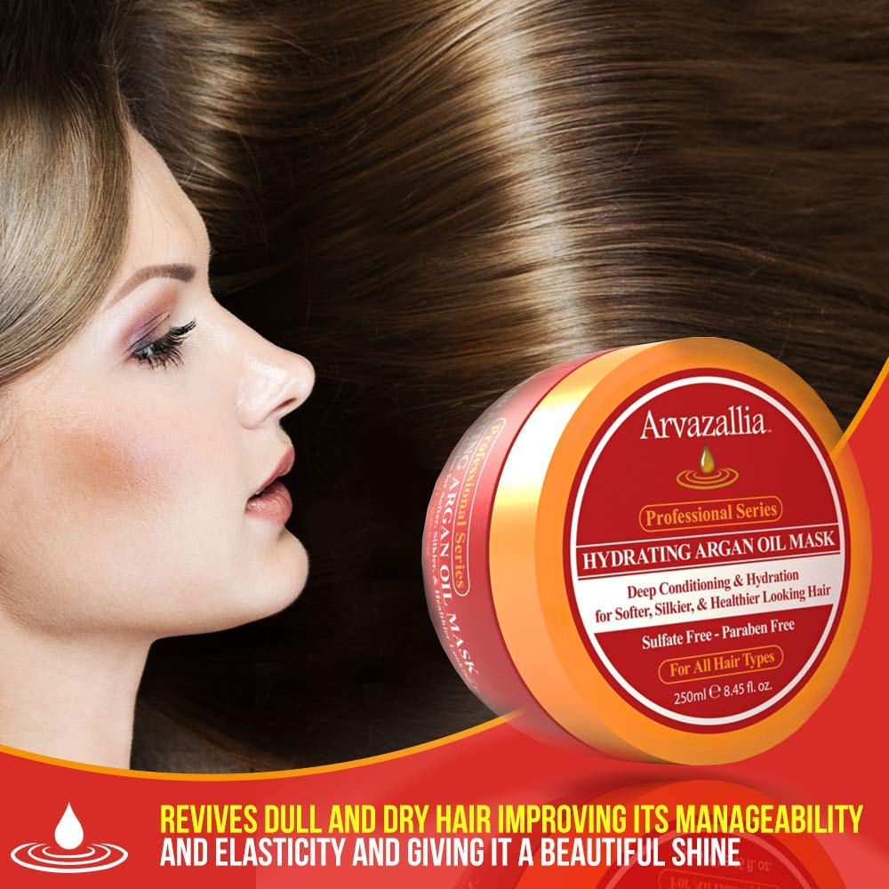 Arvazallia Hydrating Argan Oil Hair Mask - 8.45 Oz Jar for Dry/Damaged Hair