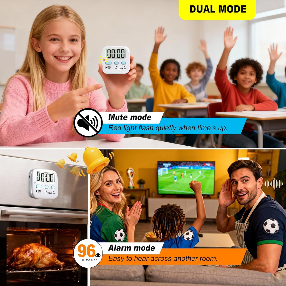 Antonki 2-Pack Digital Timer for Kids & Kitchen Cooking - Loud/Silent Countdown