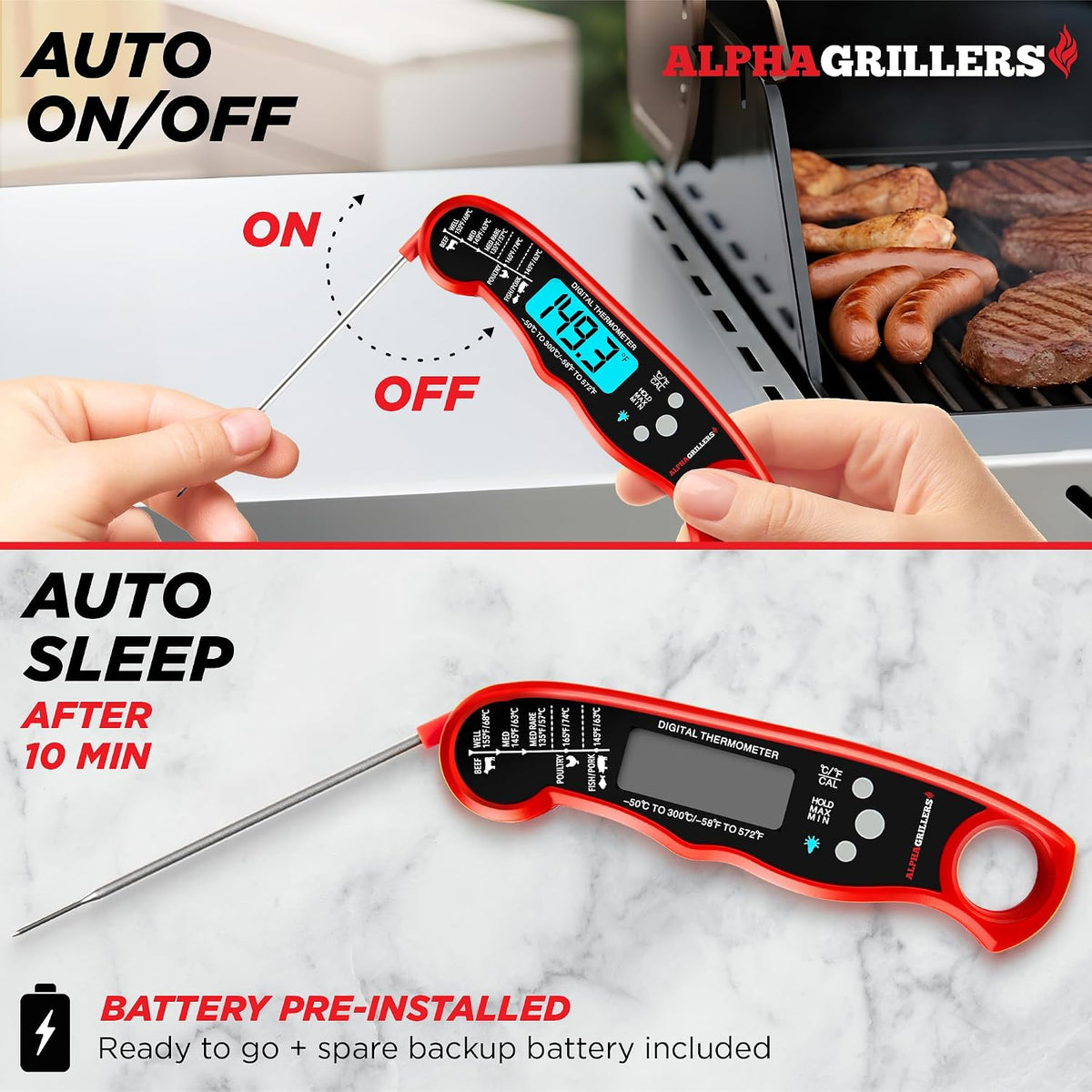 Alpha Grillers Digital Meat Thermometer - Instant Read Cooking Thermometer for Grilling & Baking - Perfect Gift for Dad
