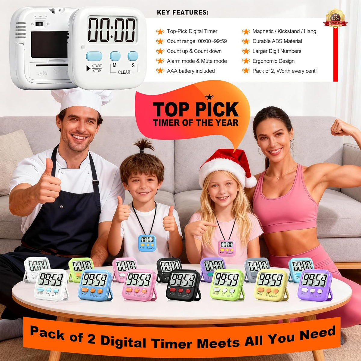 Antonki 2-Pack Digital Timer for Kids & Kitchen Cooking - Loud/Silent Countdown