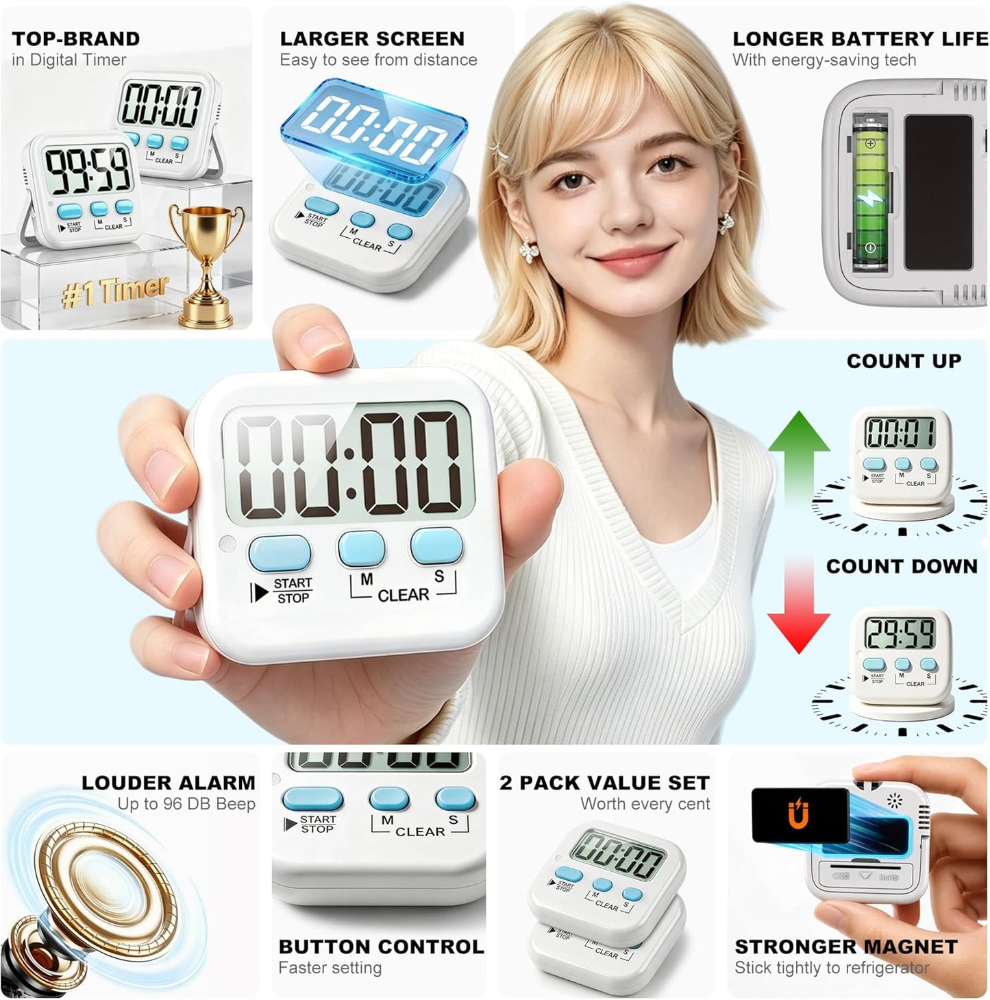 Antonki 2-Pack Digital Timer for Kids & Kitchen Cooking - Loud/Silent Countdown