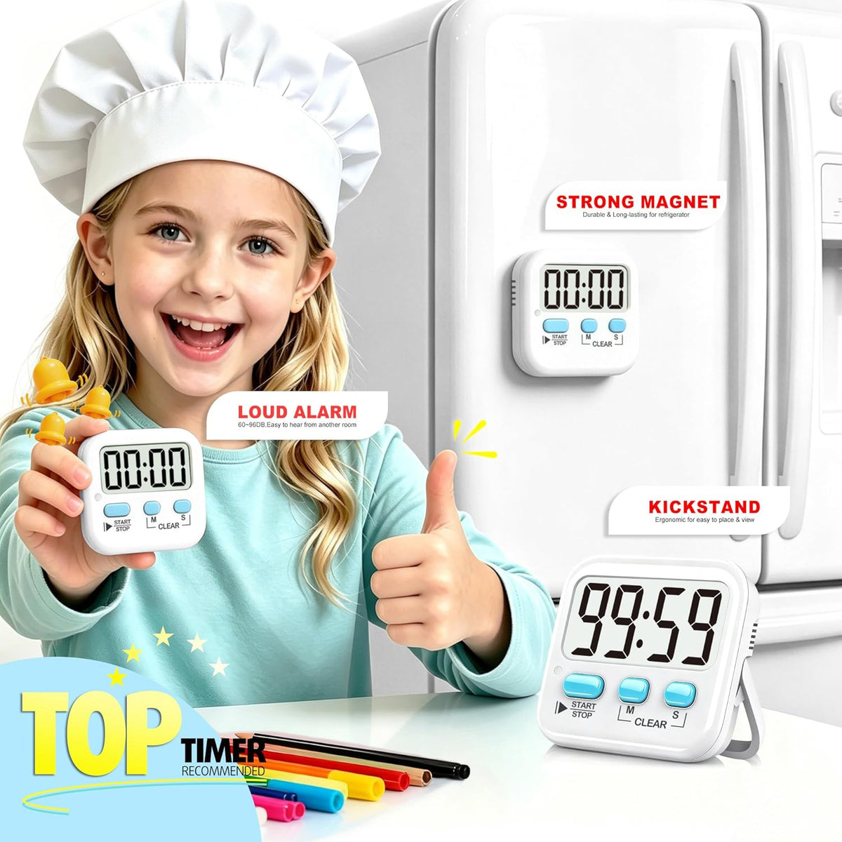 Antonki 2-Pack Digital Timer for Kids & Kitchen Cooking - Loud/Silent Countdown